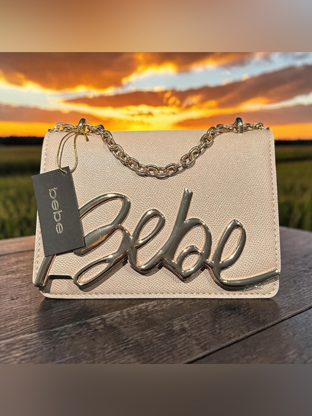 bebe Cream Shoulder Bag with Gold Script Logo Chain - Picture 2 of 3